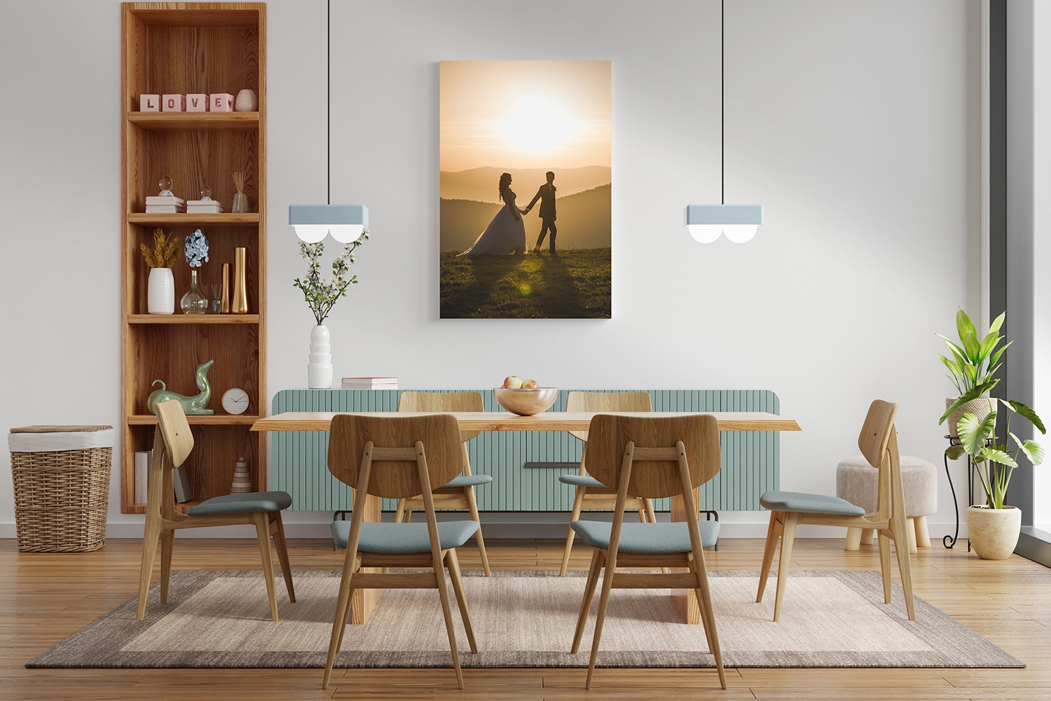 Mock up poster in modern dining room interior design with white empty wall.3d rendering