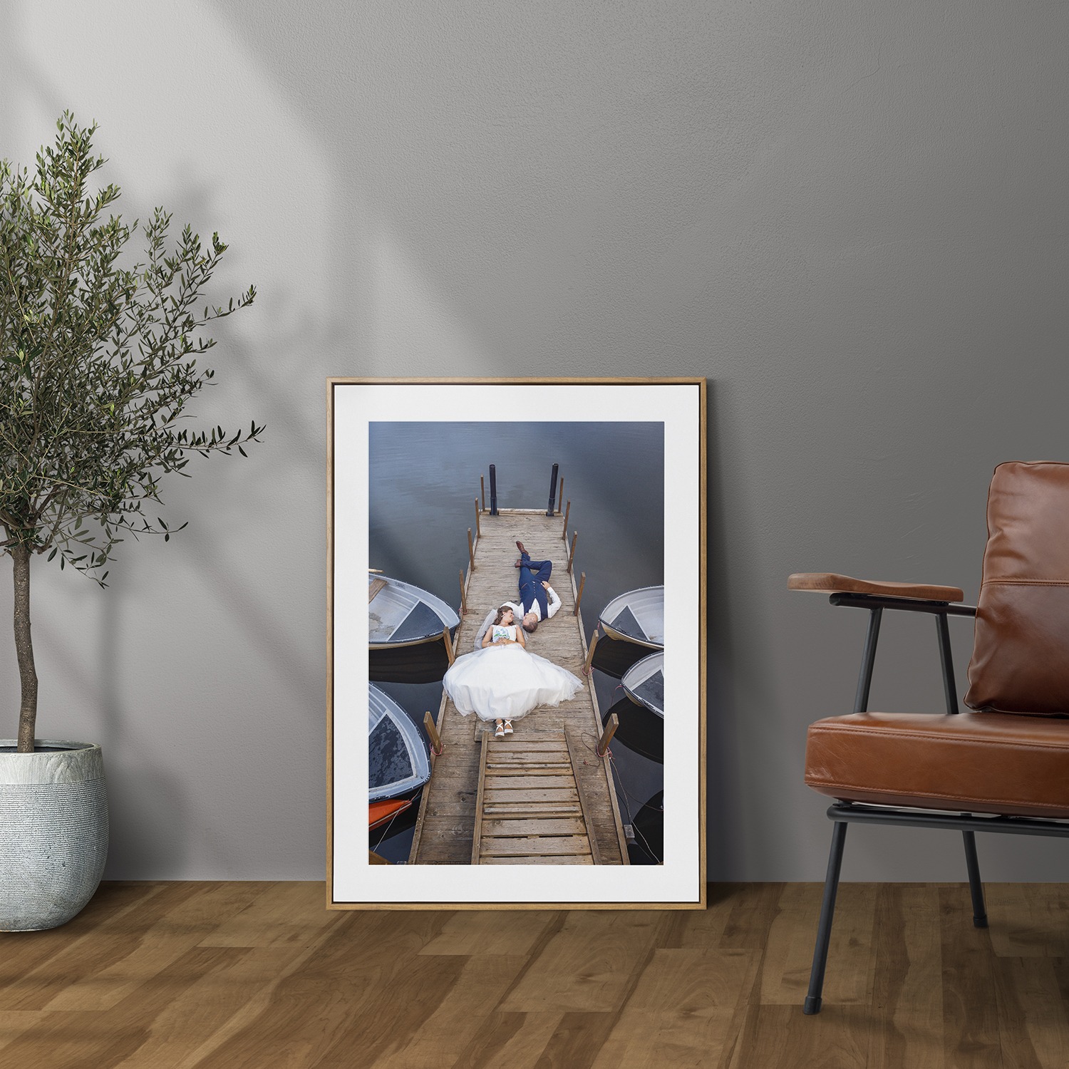 Picture frame mockup psd leaning in modern living room home decor interior