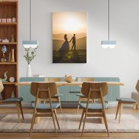 Mock up poster in modern dining room interior design with white empty wall.3d rendering